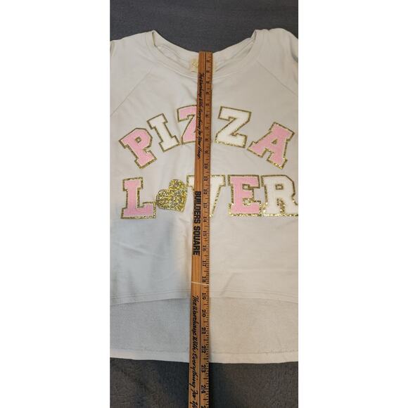 Judith March Large Ivory Pink Pizza Lover Cropped Oversized Sequin Sweatshirt - Picture 3 of 11